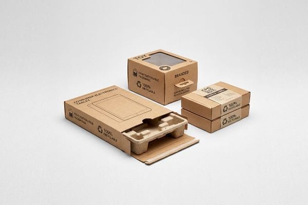 Three brown corrugated cardboard boxes, featuring an open Frustration-Free Packaging for a Consumer Electronics Tablet with a molded insert, a Branded Toy window box, and two stacked CPG Secure & Simple boxes, all marked 100% Recyclable.
