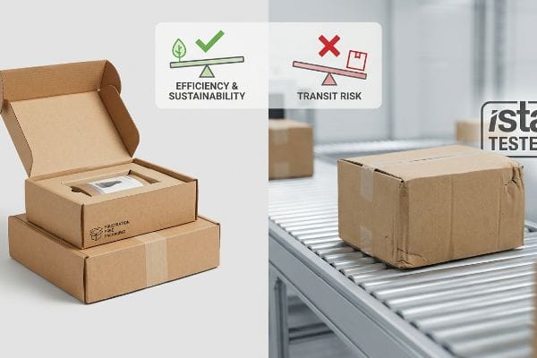 Frustration Free Packaging boxes and a damaged ISTA Tested box on a conveyor, illustrating efficiency, sustainability, and transit risk.