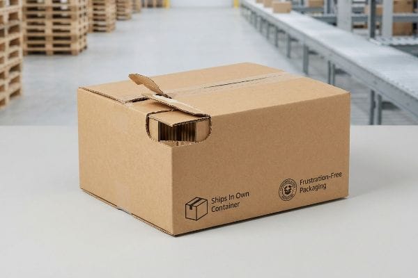 電子商取引倉庫にある、茶色の段ボール箱。「Ships In Own Container（SIOC）」と「Frustration-Free Packaging（ストレスフリー包装）」のラベルが貼られており、フラップが部分的に開いて段ボールの層が見えている。.