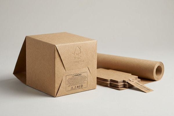FSC Certified Kraft Packaging FSC Certified brown kraft paper box, roll, and Chain of Custody tags for sustainable packaging.