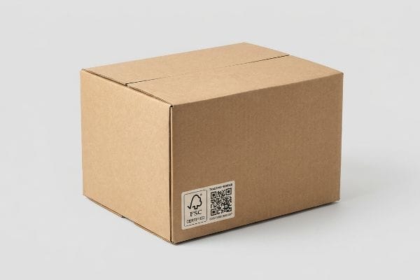 FSC Certified Box Brown corrugated cardboard box with an FSC Certified label and QR code for tracking number.