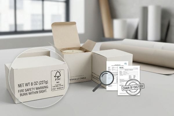 Light beige candle box displays 'Net Wt 8 Oz (227g)', 'Fire Safety Warning: Burn Within Sight', and an FSC Mix logo, alongside Chain of Custody documents.