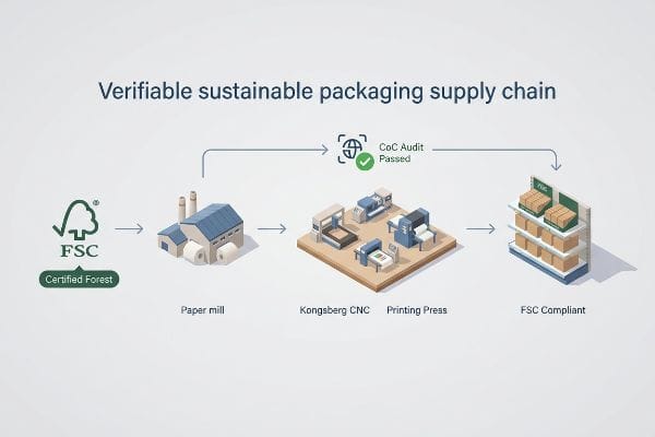Sustainable Packaging Supply Chain FSC Certified Forest to FSC Compliant retail shelf, detailing a verifiable sustainable packaging supply chain with CoC Audit Passed, from paper mill to Kongsberg CNC.