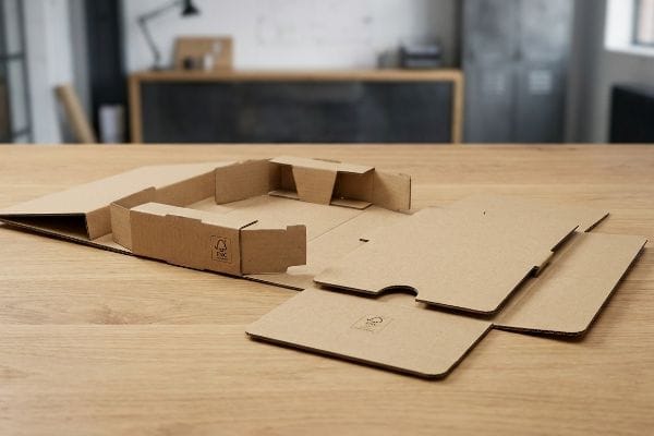 FSC Corrugated Packaging Components Unbleached mono-material corrugated board packaging components with visible FSC certification and origamic folding locks.
