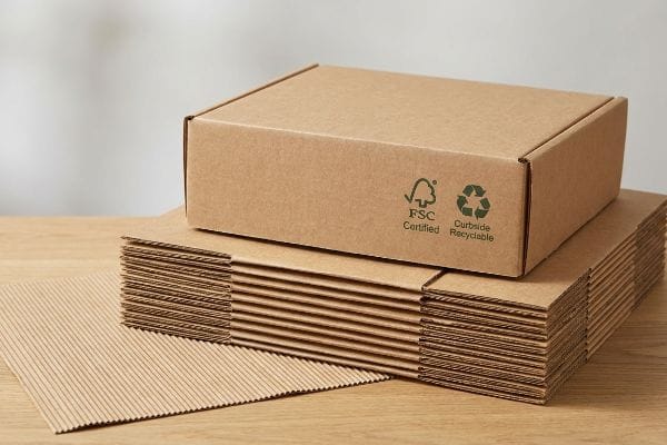 Eco-Friendly Corrugated Boxes Brown corrugated paperboard boxes, one assembled with FSC Certified and Curbside Recyclable logos, stacked flat.