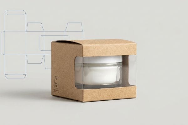 Brown kraft paperboard box with a cellulose window showcasing a glass jar of white cream, alongside a structural die-line and FSC logo.