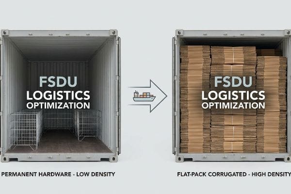 FSDU Logistics Optimization FSDU Logistics Optimization compares shipping containers: one with low-density permanent hardware metal cages, the other with high-density flat-pack corrugated FSDU boxes.