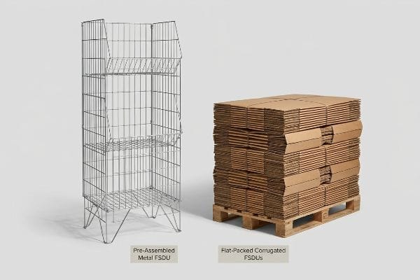 FSDU Freight Density Comparison A Pre-Assembled Metal FSDU stands beside a stack of Flat-Packed Corrugated FSDUs on a wooden pallet, highlighting freight density.