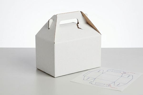 Empty white gable box with integrated handle next to a structural dieline blueprint for custom packaging design.