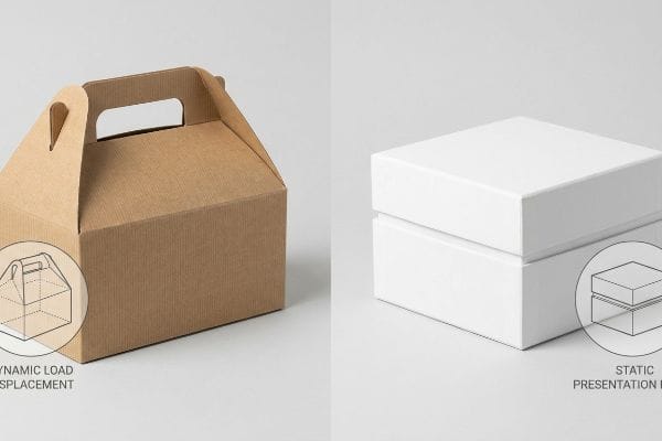 Gable Box Dynamic Load Brown corrugated gable box with an integrated handle, featuring a diagram of Dynamic Load Displacement.