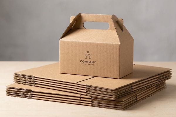 Corrugated Gable Box Packaging A brown corrugated gable box with a handle and 'Company' logo sits on a stack of flat-pack cardboard sheets, showcasing wholesale packaging.