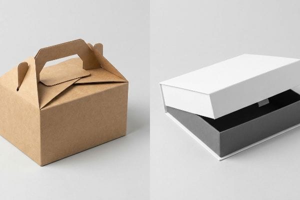 Gable Gift Box Comparison Brown kraft paper gable box with an origami-style handle beside a white and dark grey rigid gift box with a partially open lid.