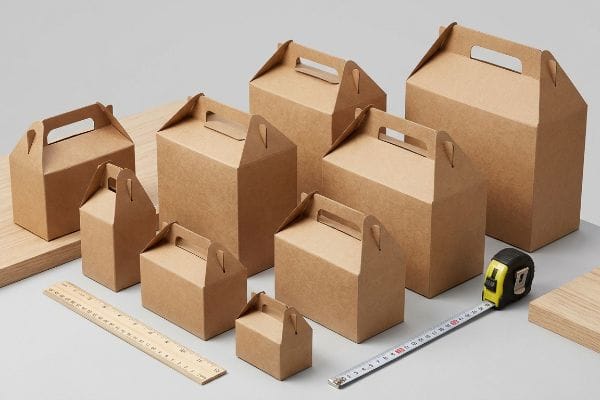 Gable Box Sizes Measured Various brown kraft paper gable boxes in different sizes, alongside a wooden ruler and measuring tape, highlighting diverse dimensions.