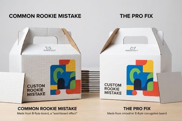 Washboard Effect Fix A MINIMISILT B-flute gable box with a washboard effect compared to a smooth E-flute box, illustrating the 'Common Rookie Mistake' vs. 'The Pro Fix'.