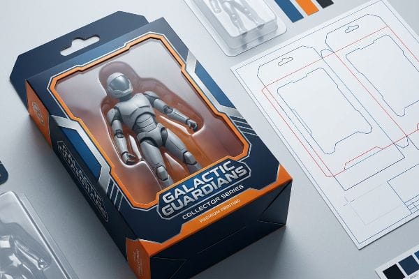 Premium Galactic Guardians Collector Series action figure packaging with a grey figure in a window box, next to a die-cut template.