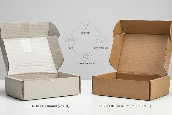 Öffnen Sie Pappkartons und vergleichen Sie den generischen Ansatz (26 ECT) mit der Engineered Reality (32 ECT Kraft) anhand eines Vier-C-Diagramms.