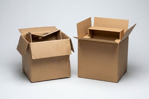 Brown corrugated cardboard boxes, one with crumpled inserts and another with a rectangular divider, representing generic off-the-shelf shipping.