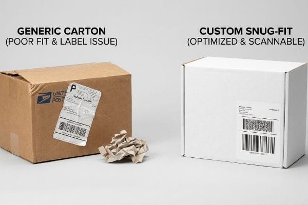Brown generic carton with a crumpled Usps label and void fill contrasts with a white Custom Snug-Fit box, highlighting Poor Fit & Label Issue vs. Optimized & Scannable packaging.