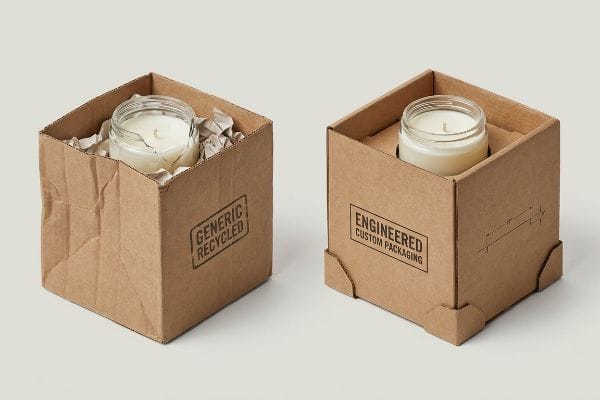 Generic vs Custom Packaging Two cardboard boxes: a crumpled Generic Recycled box with a chipped candle and loose filler, contrasted with a sturdy Engineered Custom Packaging box holding an intact candle.