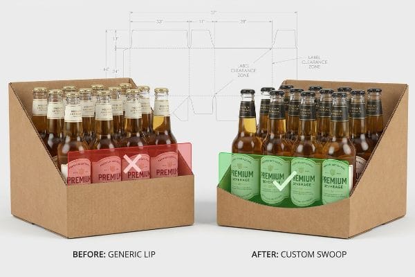 Product Label Clearance Cardboard display trays: generic red lip obscures 'Premium' bottle labels; custom green swoop ensures 'Premium Beverage' label clearance.