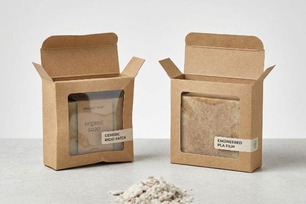 Rigid vs PLA Film Brown kraft boxes with organic soap, one labeled Generic Rigid Patch, the other Engineered Pla Film, beside a pile of fibers.