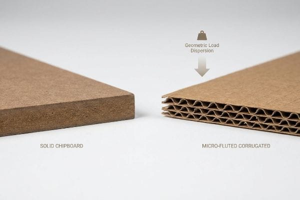 Corrugated Load Dispersion Solid chipboard vs. micro-fluted corrugated board illustrating geometric load dispersion.
