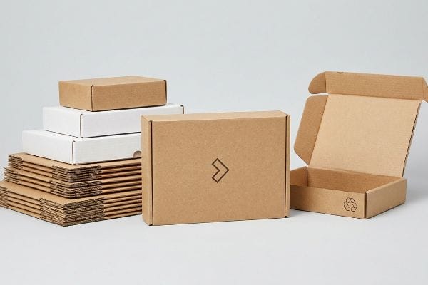 Disposición de varias cajas de cartón corrugado de color marrón y blanco, incluyendo cajas de envío planas, apiladas y abiertas con un logotipo geométrico y un símbolo de reciclaje.
