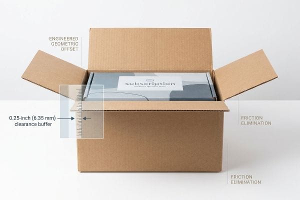 Geometric Offset Clearance Buffer Brown corrugated box with a grey subscription box, showing 0.25-inch (6.35 mm) Engineered Geometric Offset clearance for Friction Elimination.