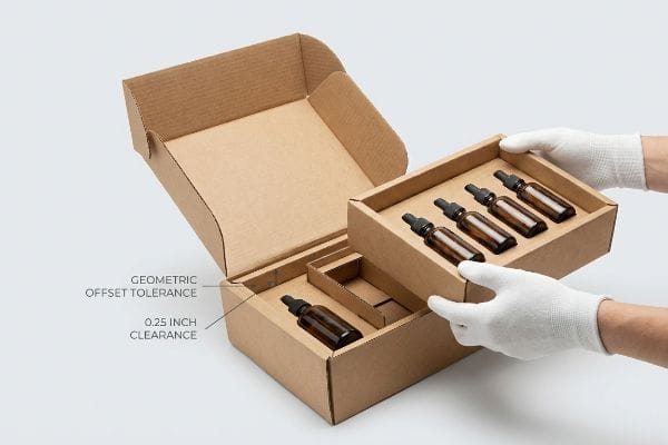 Packaging Clearance Tolerance Natural brown corrugated cardboard packaging with a hand placing an insert of four amber dropper bottles, showing Geometric Offset Tolerance and 0.25 Inch Clearance.
