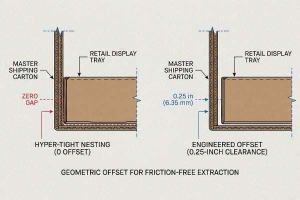 Packaging Offset for Extraction Corrugated packaging diagrams compare hyper-tight nesting with zero gap to an engineered 0.25-inch (6.35 mm) offset for friction-free extraction of retail display trays from master shipping cartons.
