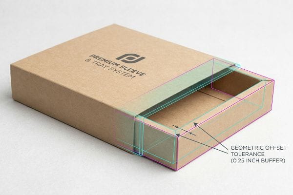 Sleeve Tray Offset Tolerance Kraft paper Premium Sleeve & Tray System box with a partially open tray, highlighting the Geometric Offset Tolerance of 0.25 Inch Buffer with blue and pink lines.