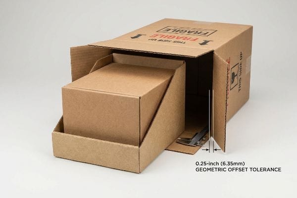 Corrugated cardboard boxes with a caliper measuring 0.25-inch (6.35mm) Geometric Offset Tolerance between nested packaging layers.