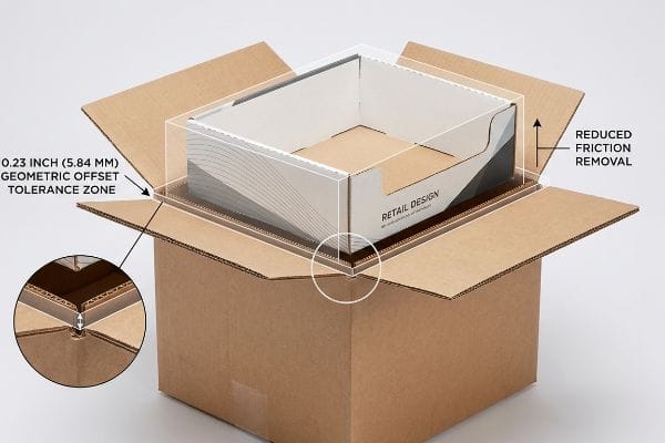Brown corrugated master shipper box with a white Retail Design retail display tray, highlighting a 0.23 Inch (5.84 Mm) Geometric Offset Tolerance Zone and Reduced Friction Removal.