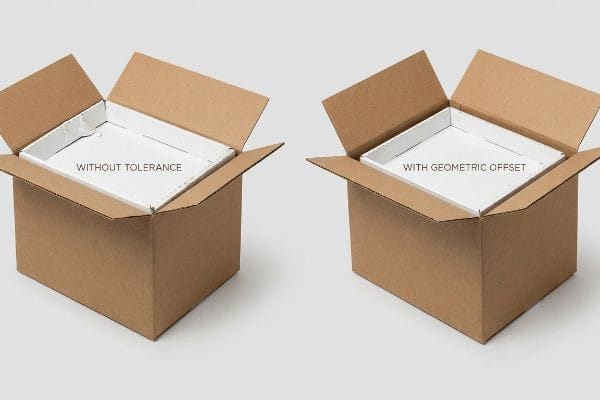 Two brown cardboard shipping boxes, one with a tight-fitting retail-ready tray Without Tolerance, the other with a proper fit With Geometric Offset.