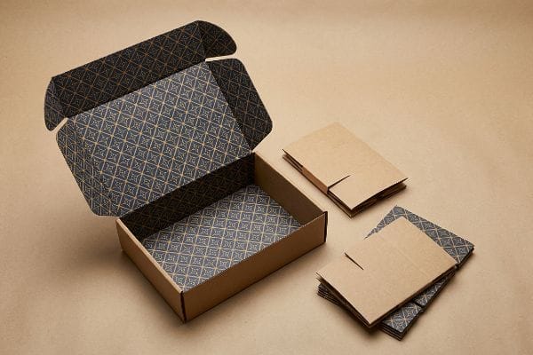 Mailer Box Interior Print Open kraft mailer box with dark blue and gold geometric interior print, beside stacks of flat corrugated packaging.