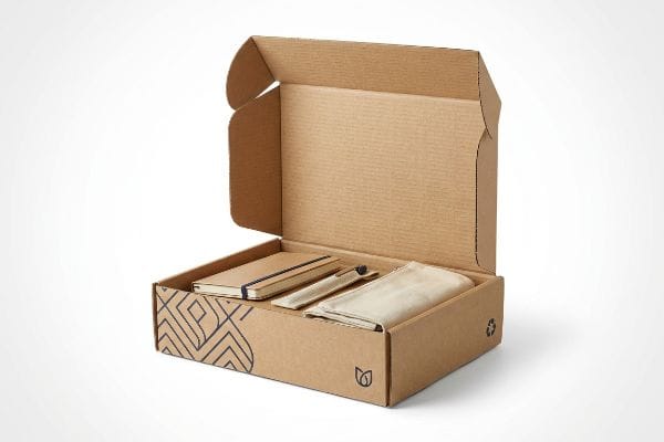 Sustainable Packaging Unboxing Kit Kraft mailer box with eco-friendly notebook, pen, and fabric pouch. Features minimalist spot color printing, a plant logo, and recycling symbol for sustainable packaging.