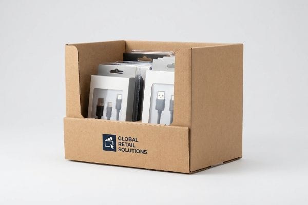 This sturdy brown cardboard retail display box, branded Global Retail Solutions, holds packaged electronic cables.
