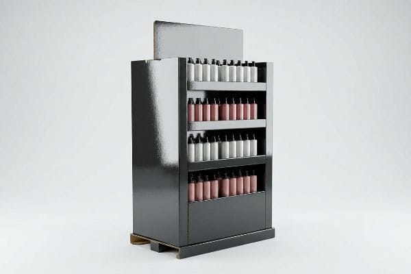 Premium Retail Display Stand Glossy black retail display stand featuring four tiers of white and rose-pink cosmetic bottles, designed with a premium raised base.
