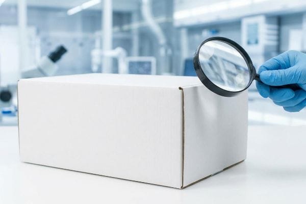 滅菌包装検査 青い手袋をはめた手が、無菌の実験室で、白い段ボール箱を拡大鏡で検査し、微粒子の基準を満たしていることを確認している。.