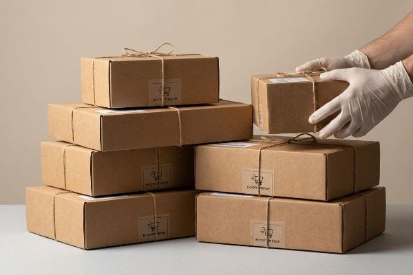 E-commerce Delivery Boxes Hands in white gloves stack brown e-commerce packaging boxes tied with twine, ready for direct-to-consumer delivery.