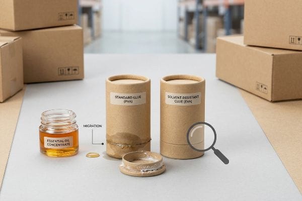 Glue Migration Essential Oils Essential Oil Concentrate shows migration degrading Standard Glue (PVA) on a tube, contrasting with intact Solvent-Resistant Glue (EVA) packaging.
