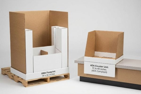 GMA ADA Displays GMA Pallet Unit (48 x 40 inches) and ADA Counter Unit (15 to 48 inches) corrugated cardboard retail displays.