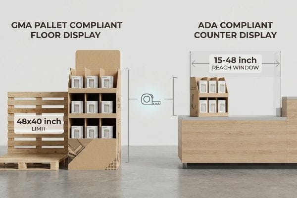 Cardboard floor display and counter display illustrating GMA Pallet Compliant 48x40 inch limit and ADA Compliant 15-48 inch Reach Window.