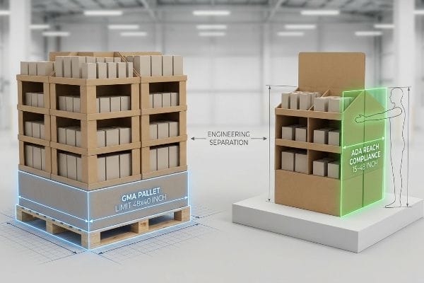 Retail Display Compliance Standards A large pallet display with cardboard boxes highlights Gma Pallet Limit 48x40 Inch, separated by Engineering Separation from an Ada Reach Compliance 15-48 Inch counter display with a human silhouette.