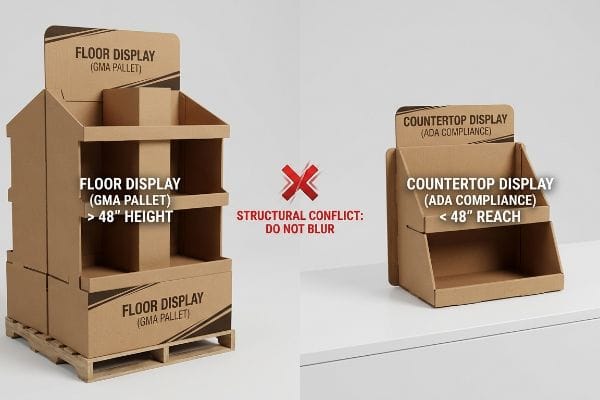 Display Compliance Conflict Corrugated cardboard displays: Floor Display (GMA Pallet) > 48" height, Countertop Display (ADA Compliance) < 48" reach, structural conflict.