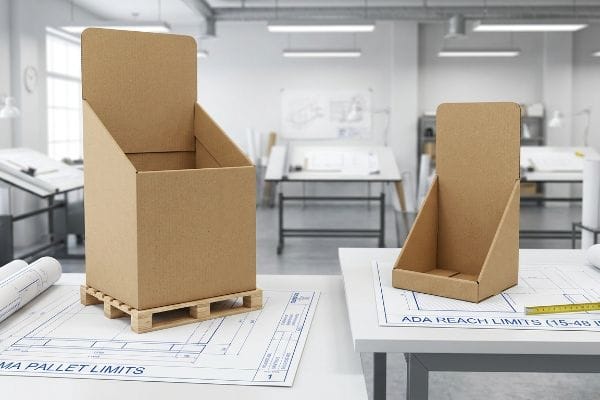 POP Display Engineering Limits Brown corrugated cardboard floor and counter displays on blueprints, featuring GMA Pallet Limits and ADA Reach Limits.