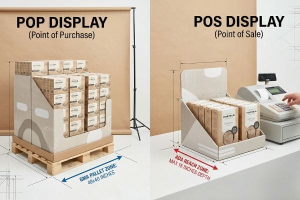 POP POS比較 GMAパレット(48×40インチ)上のPOPディスプレイと、ADAリーチゾーン(最大奥行き15インチ)を備えたPOSディスプレイ。.