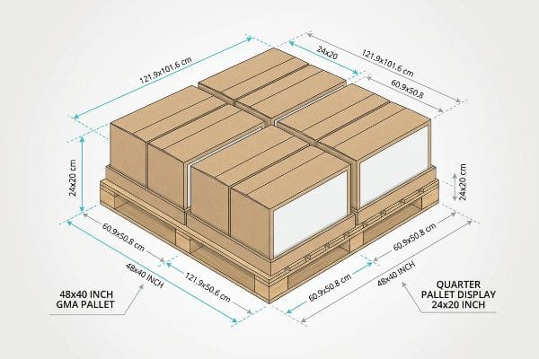 Quarter Pallet Display Dimensions A wooden 48x40 Inch GMA Pallet with four 24x20 Inch Quarter Pallet Displays, detailed with 121.9x101.6 cm and 60.9x50.8 cm dimensions.