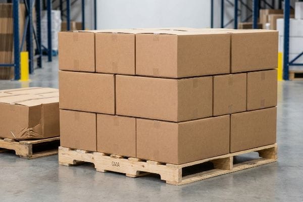 Brown cardboard boxes stacked securely on a GMA wooden pallet in a warehouse, preventing overhang damage.