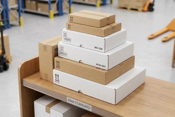 Retail Box Sizes An organized stack of retail boxes, brown and white, on a wooden shelf. Labels display 'Sku-1234', 'Retail Pack', and 'Gma Standard'.